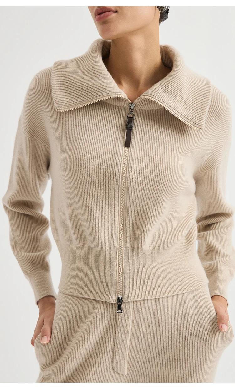 BY4621737 Damen Oversized Revers-Woll-Kaschmir-Mischung Englischer Rippstrick Reißverschluss-Cardigan mit Lederzuglasche Dezente Bürokleidung Herbst – Detail 4