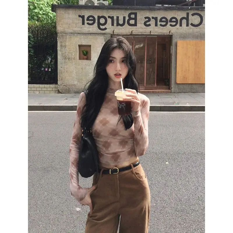Yedinas American Retro Plaid Mesh Tops Long Sleeve Korean Fashion Streetwear T Shirt Women Autumn Tops Tees 2000s Clothes Y2k