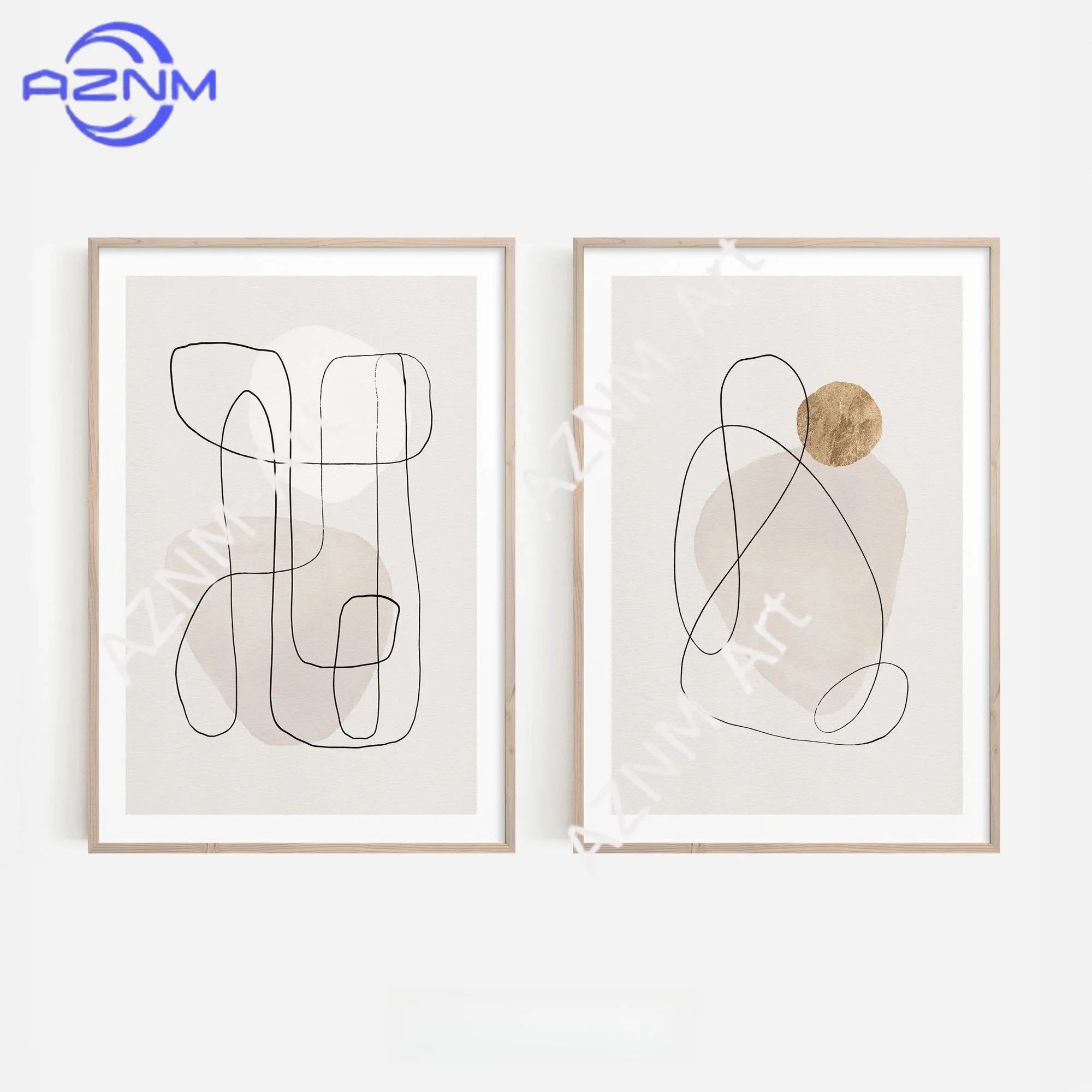 1/2-teiliges modernes abstraktes Linienkunst-Set mit 2 Drucken: Minimalistische beige und goldene Wandkunst