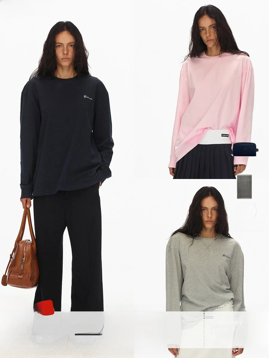  Ade Classic Oversized round Neck Long Sleeve Embroidered T-Shirt Loose Fit Cotton Shoulder Drop Design Shape Outwear