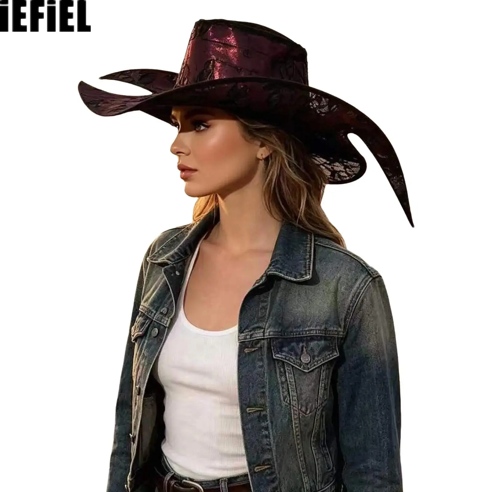 Unisex Women Men Western Cowboy Cowgirl Hat Wide Brim Embossed Texture Cap Headwear for Halloween Role-playing Theme Party