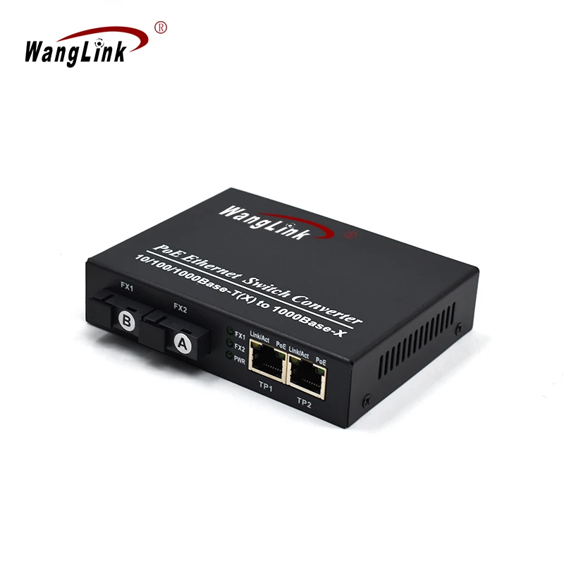 Wanglink-Poe Media Converter, Gigabit, 2 Ports, 1000 Base-X to 2 Ports, 1000 BaseT, 48V, for IP Camera, CCTV