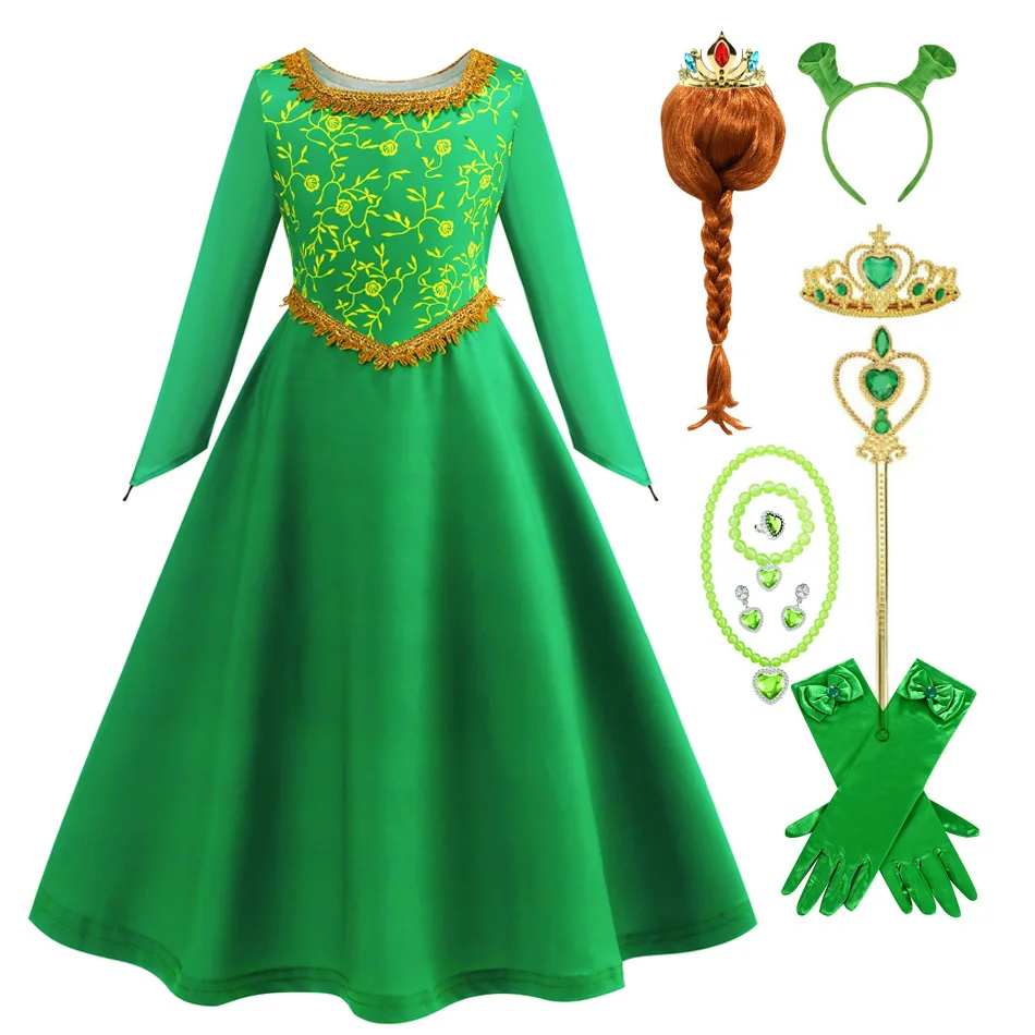 Fantasy Fiona Cosplay Girls Green Dress Clothing Cartoon Monster Costume Disguise Kids Role play Halloween Outfits Children