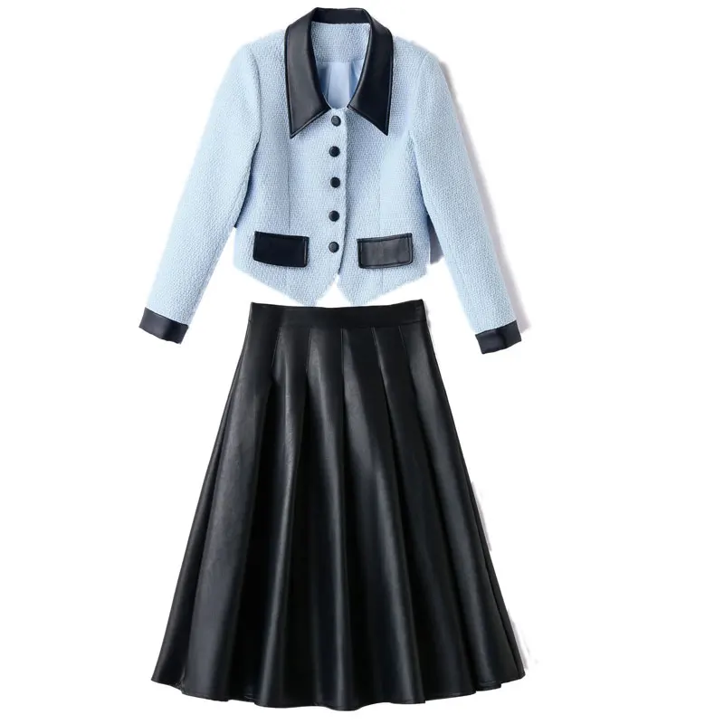 レディースカラーブロックツーピースラペルジャケット+PUレザースカート 2025年春夏新作 小香風セット