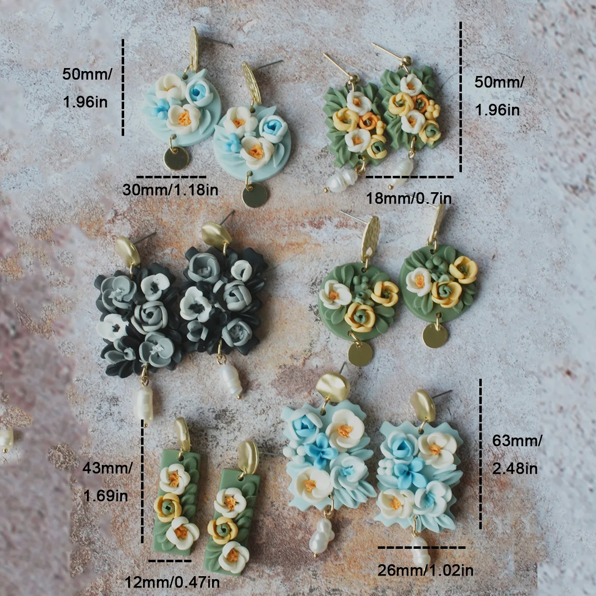 Women\'s Fashion Romantic Vintage Cluster Floral Earrings Delicate Multi-Shape Color Chip Stamp Dangle Metal Stud Polymer Clay