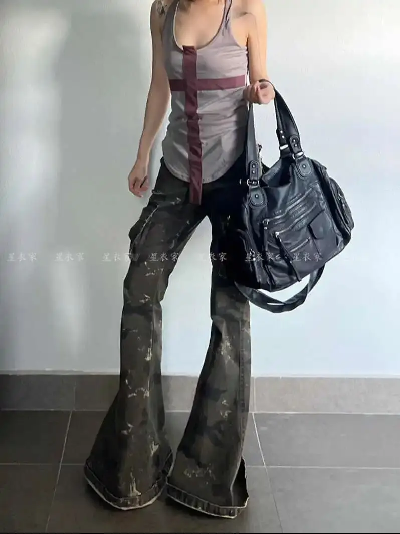 

Military Green Womens Jeans High Waist Vintage Straight Baggy Y2K Denim Pants Hip Hop American Fashion Wide Leg Denim Trouser