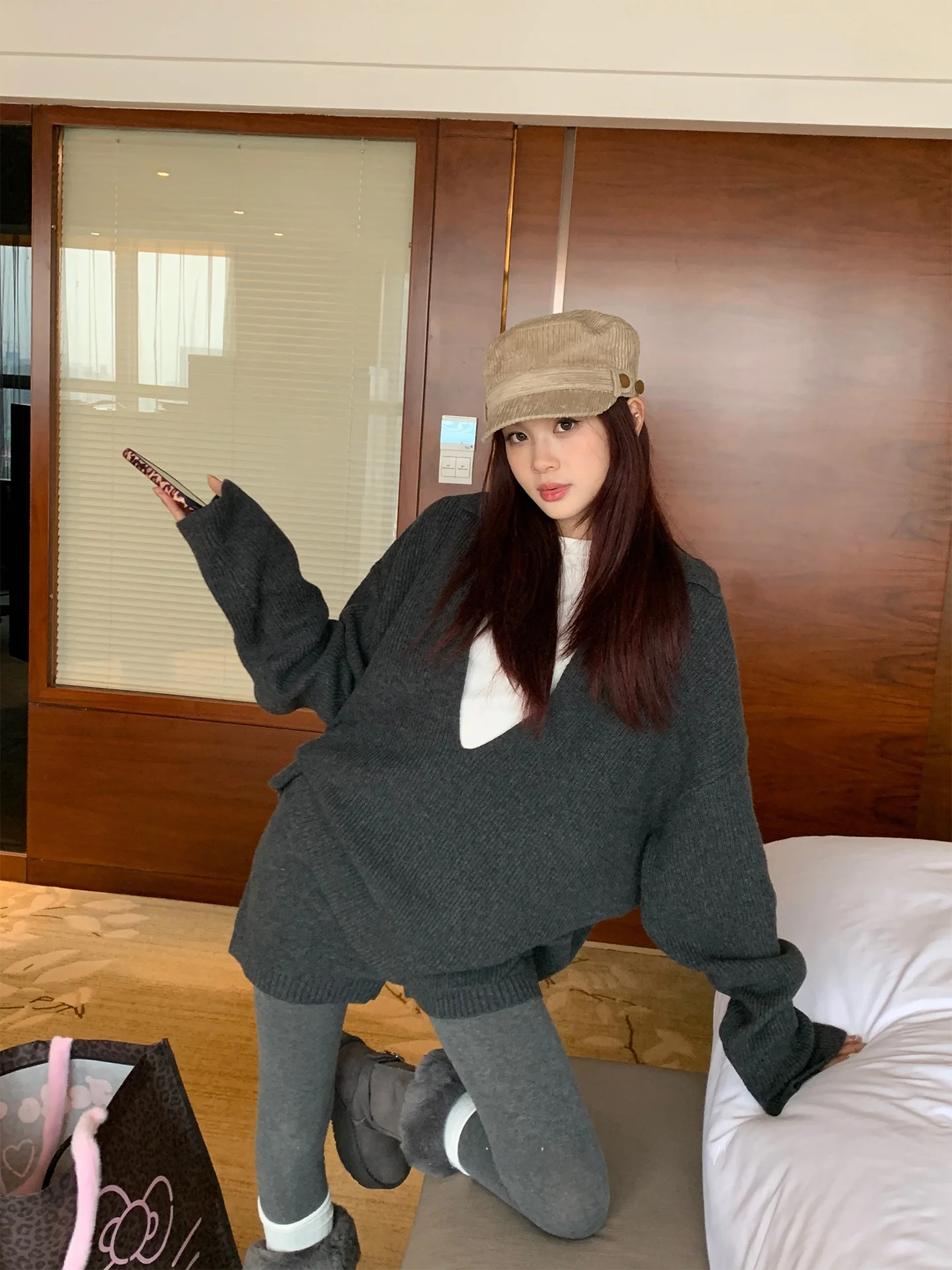 

Вязаный комплект Deep V Ne, женские длинные брюки Sve ort, костюм из двух предметов, зимняя мода, повседневный костюм, размер для взрослых, удобная посадка