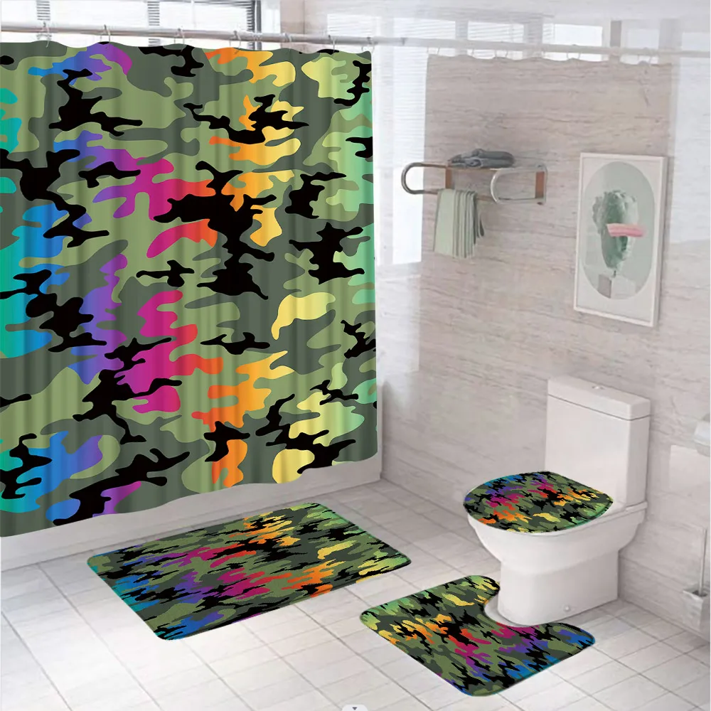 

Colorful Military Camouflage Army Camo Bathroom Curtains Shower Curtain Set Non-Slip Bath Mats Rugs Toilet Lid Cover Home Decor