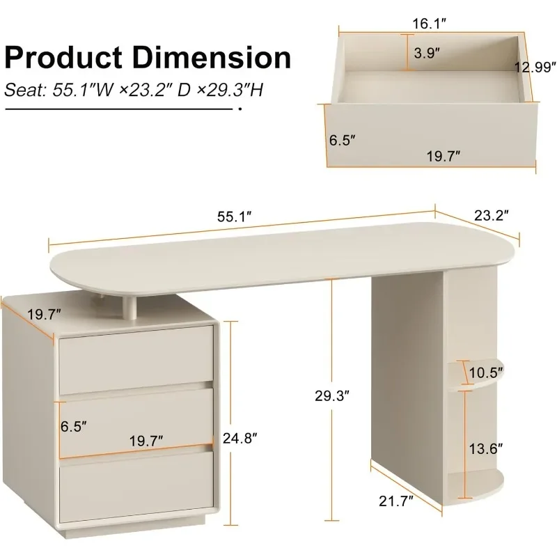 home.Computer Desk, 55inch Home Office Desk with Drawers and Storage Shelves, Cream White Desk Modern Simple Style Laptop Desk