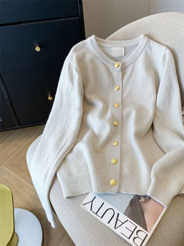 

Thiened Knitted Sweater Inner Wear Gold Bule Artistic Casual Sle Versatile Loose Fit Long Sve round Ne Open Cardigan