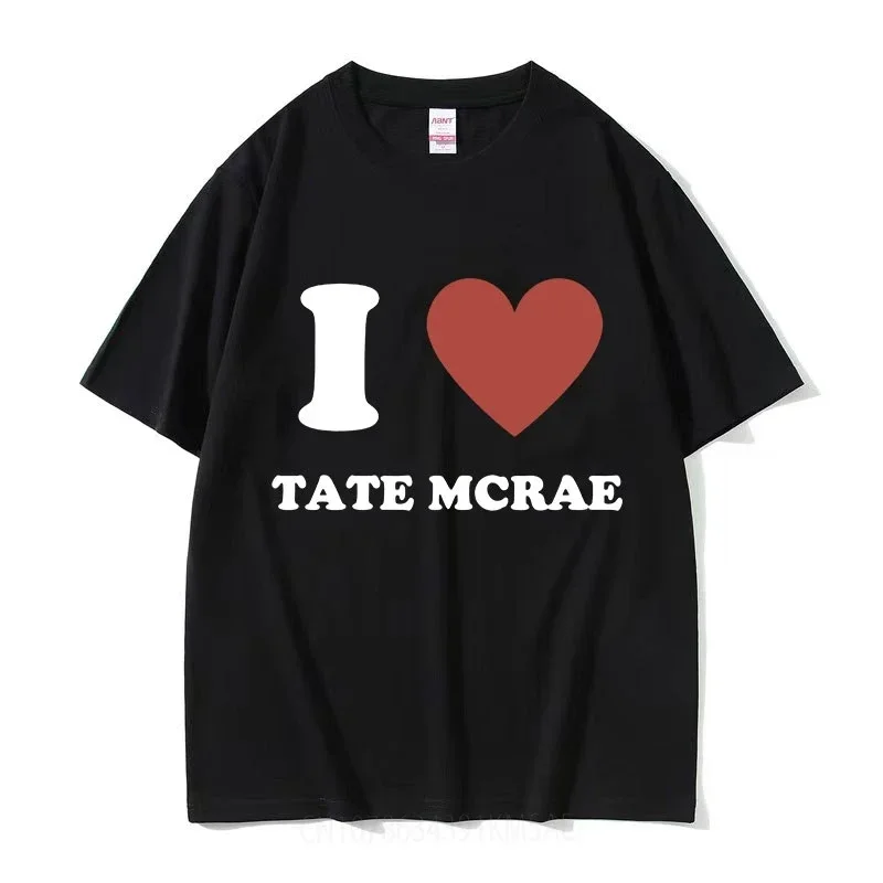 

Футболка с принтом I LOVE Tate McRae для мужчин и женщин, повседневная модная тенниска с короткими рукавами, хлопковая майка оверсайз с круглым вырезом