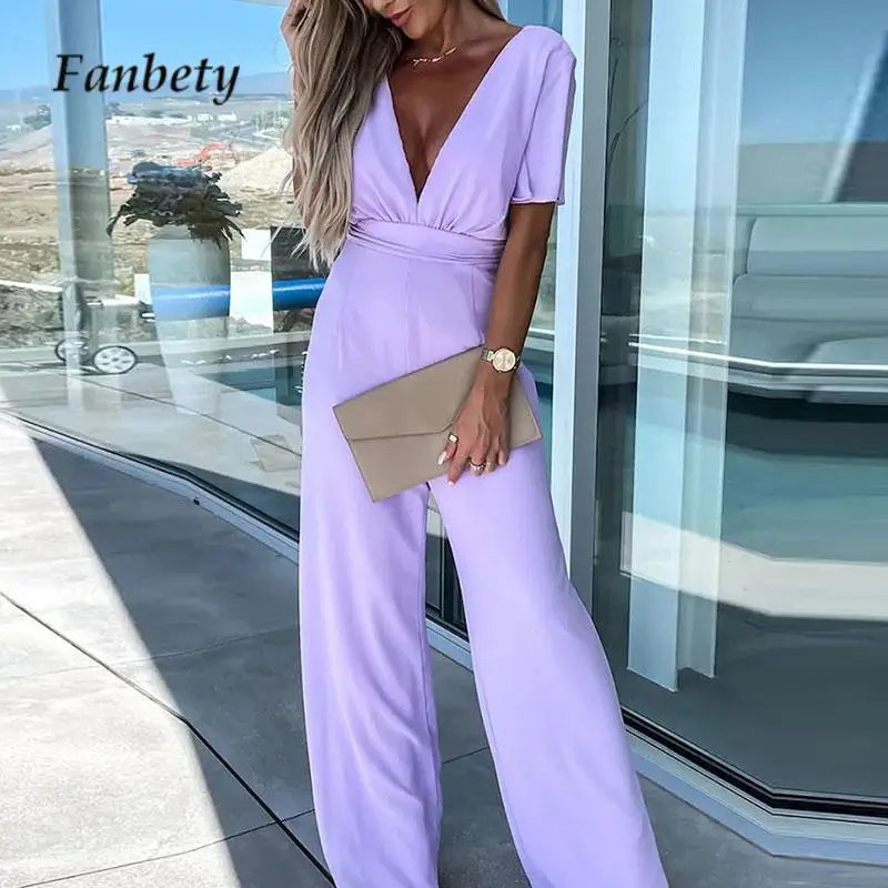 

Summer Lady Flared Sleeve Jumpsuit Fashion V Neck Solid Color Wide Leg Pants Playsuit Elegant High Waist Office Commuter Romper