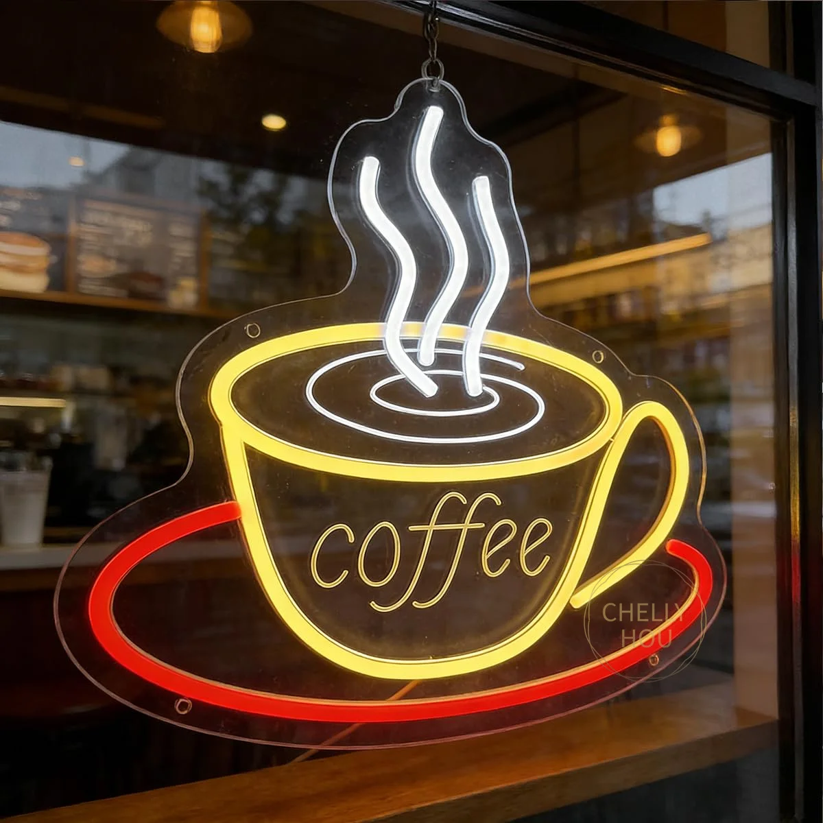 Coffee Neon Sign Open Coffee Sign with 3D Coffee Cup Design, Perfect Wall Decor to Boost Vibe for Cafe, Coffee Shop & Bar Gifts
