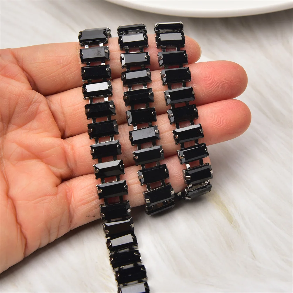 Handmade Colorful 5*10Mm Rhinestone Chain Sew On Rectangular Glass Crystal Trim Applique Metal Chain Clothing Accessories