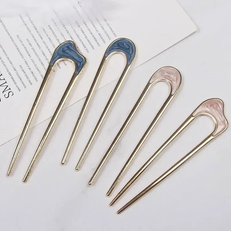 Fashion Hair Accessories Metal U Shape Hair Stick For Women Silver Gold Color Elegant Shell Enamel Hairpin Female Headwear New