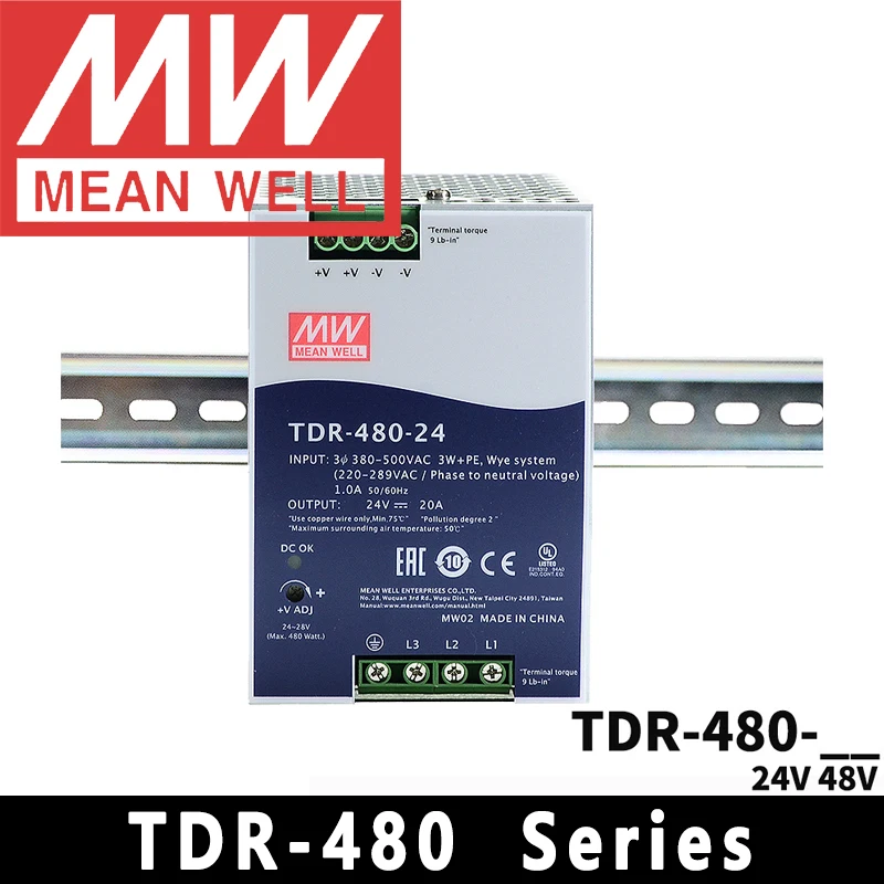 Original Mean Well TDR-480-24/48 meanwell AC/DC 24V/48V 480W Three Phase Industrial DIN RAIL with PFC Function Power Supply