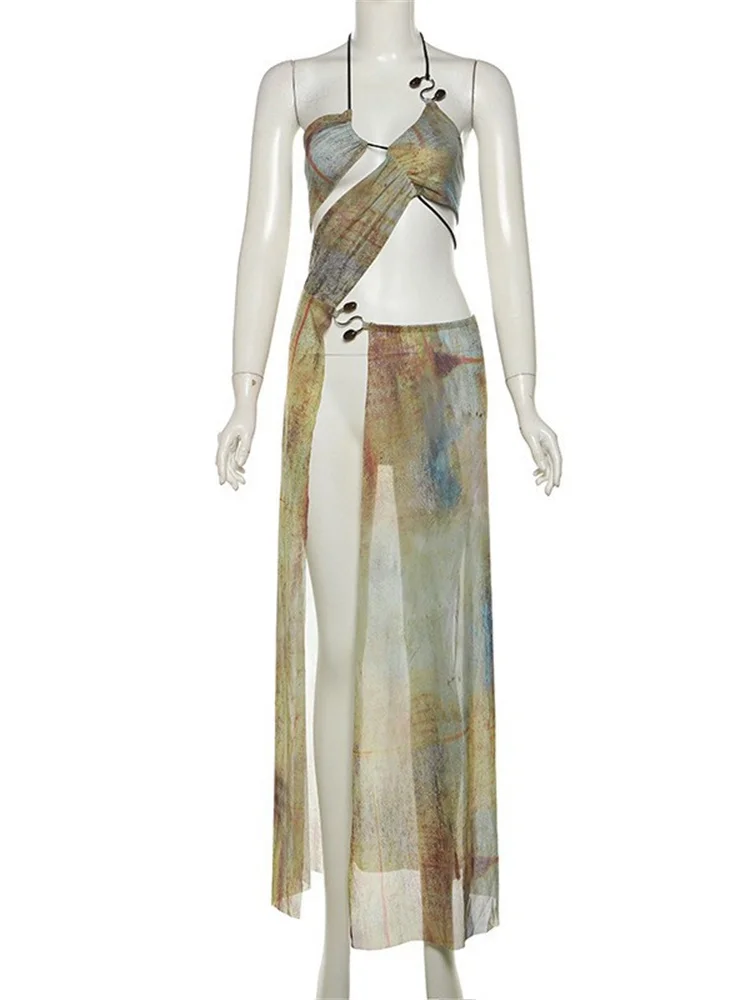 Kliou Summer Women Mid-Calf Sexy Mesh Dress K24D46937 Girl Print Halter Cut Out Side Spilt Vestido One Piece Robe Attirewear