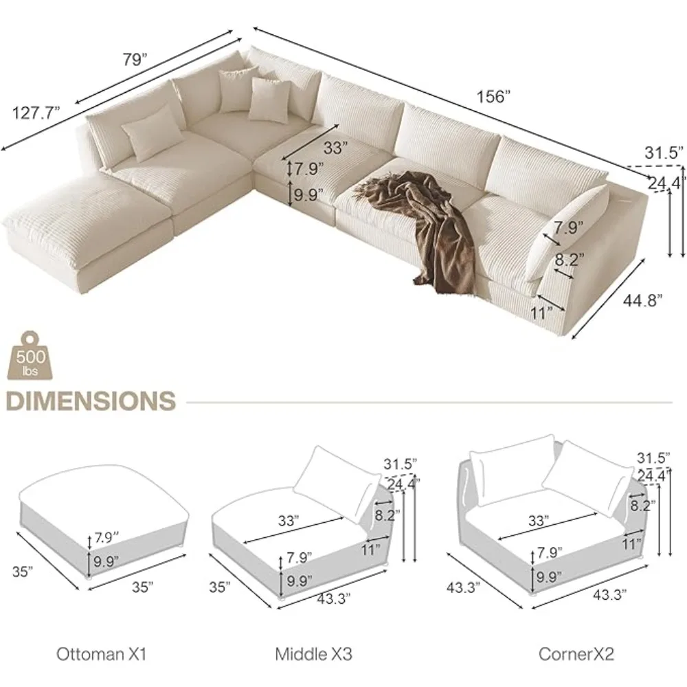 Modular Oversized Cloud Couch Sectional, Cushion Covers Removable,Deep Seat Sectional Sofa for Living Room/Office 6 Sectional