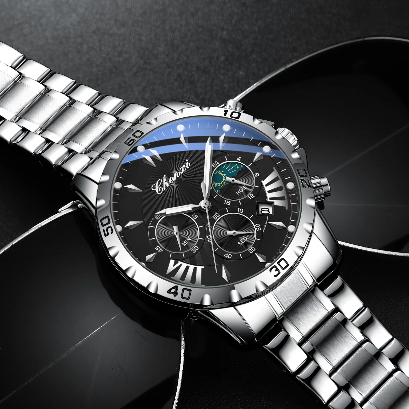 ใหม่ 2025 CHENXI นาฬิกาสําหรับบุรุษแฟชั่นกีฬากันน้ํา Luminous Timing สายสแตนเลสนาฬิกาข้อมือ
