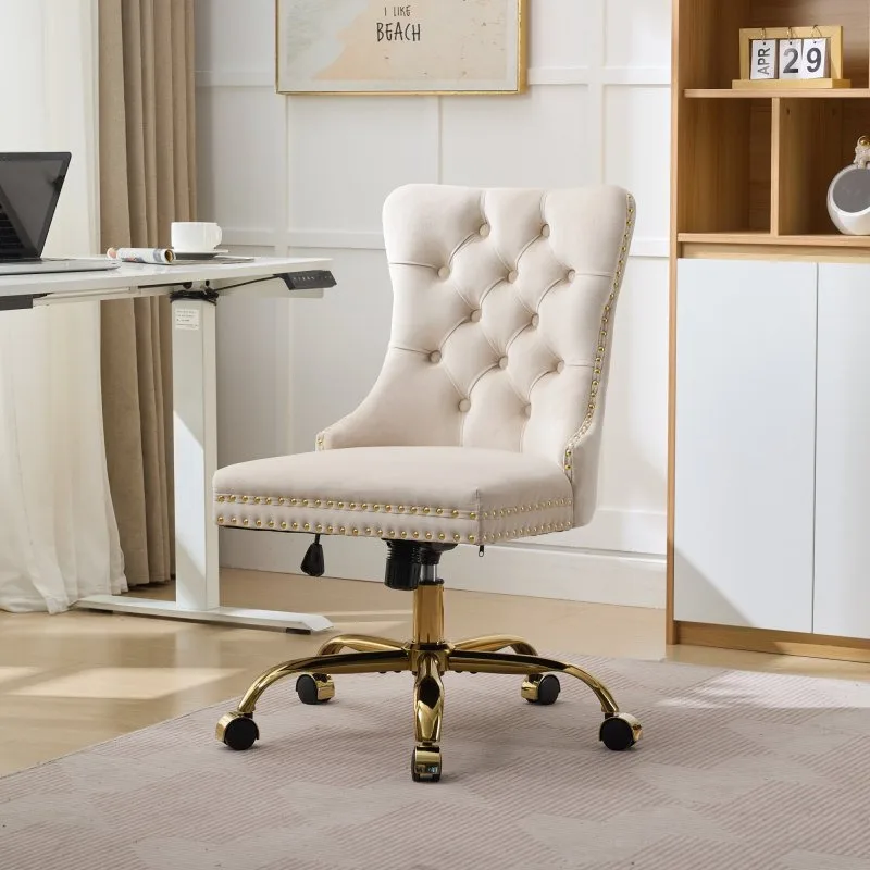Furniture Chair Modern Veet Upholstered Tufted Button Home Golden Metal Base Adjustable Desk Swivel Office Chair Reflect Luxury