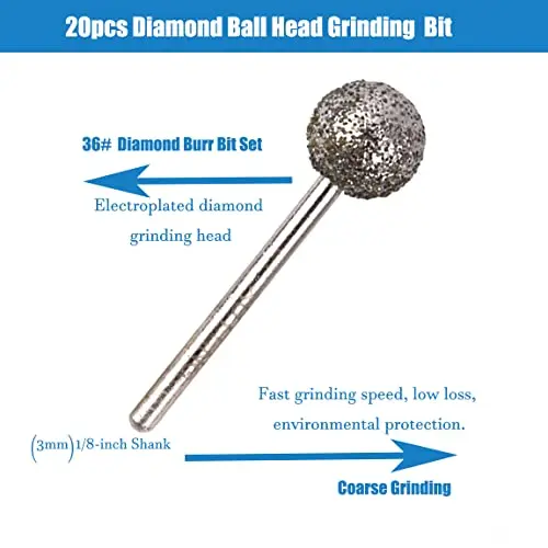 5Pcs Diamond Round Burring Sanding Drill Bit Grinding Head 3mm Shank Carve Precision Carving Tool 4/6/8/10/12mm