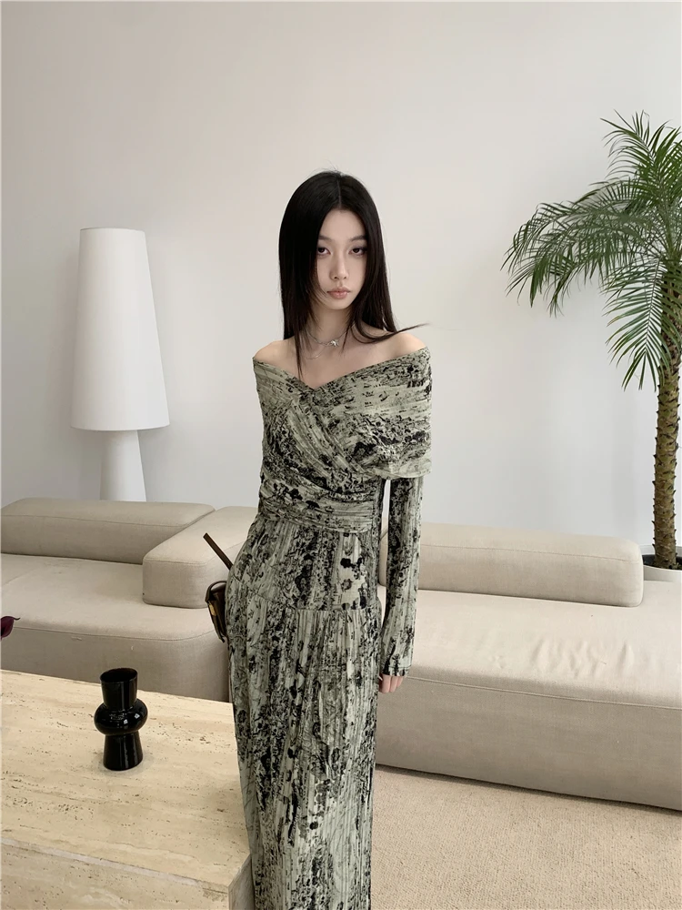 CHEERART Ink Painting Off The Shoulder Maxi Dress For Women Texture Long Sleeve A Line Long Dress Autumn High Fashion Clothes