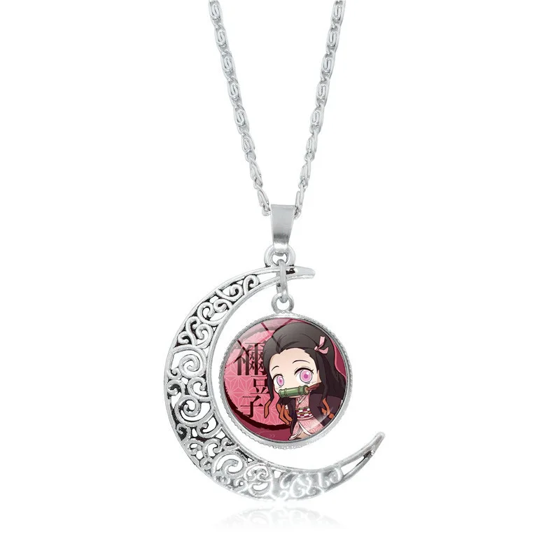 Kamado Tanjirou Kamado Nezuko Hashibira Inosuke Popular Anime Peripheral Jewelry Necklace Versatile Silver Hollow Moon Pendant