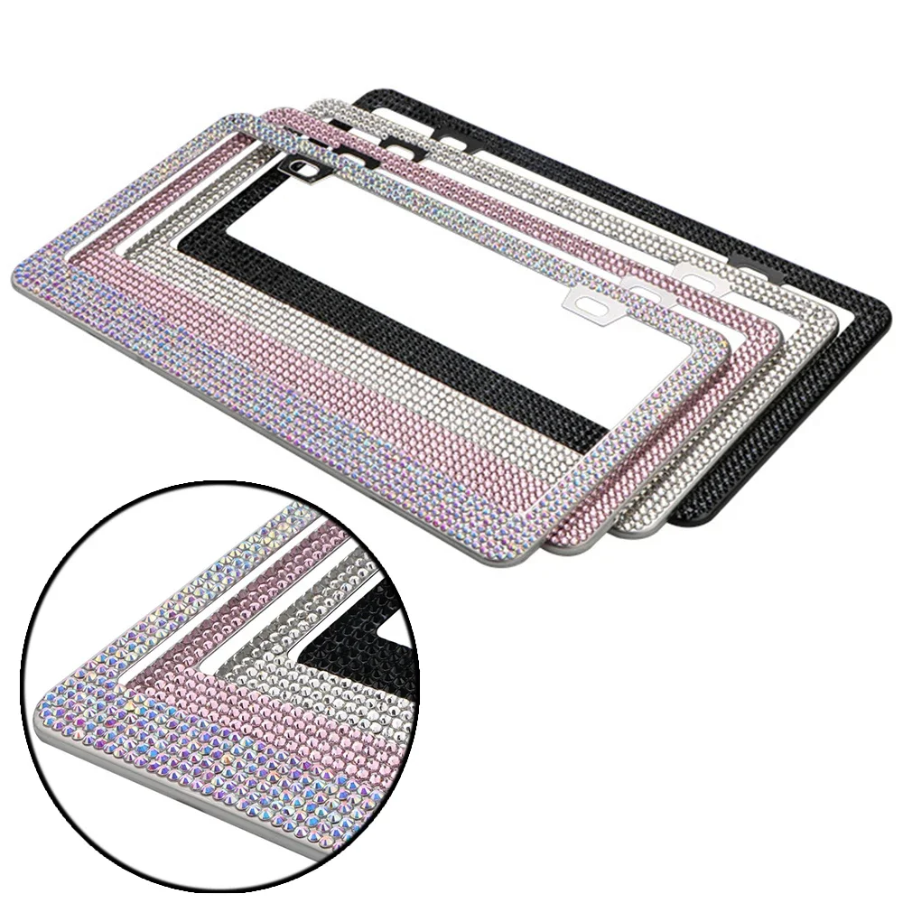 

Bling Crystal License Plate Frame Stainless US standar License plate holder with Button Diamond Car License Plate Frame Cover