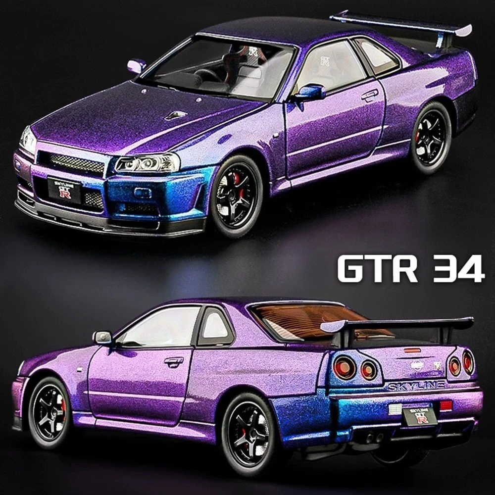 1:24 GTR R34 Senna Diecast aleación modelo juguetes coche sonido luz tirar hacia atrás puertas rueda delantera abierta coches de dirección niños regalo de Navidad
