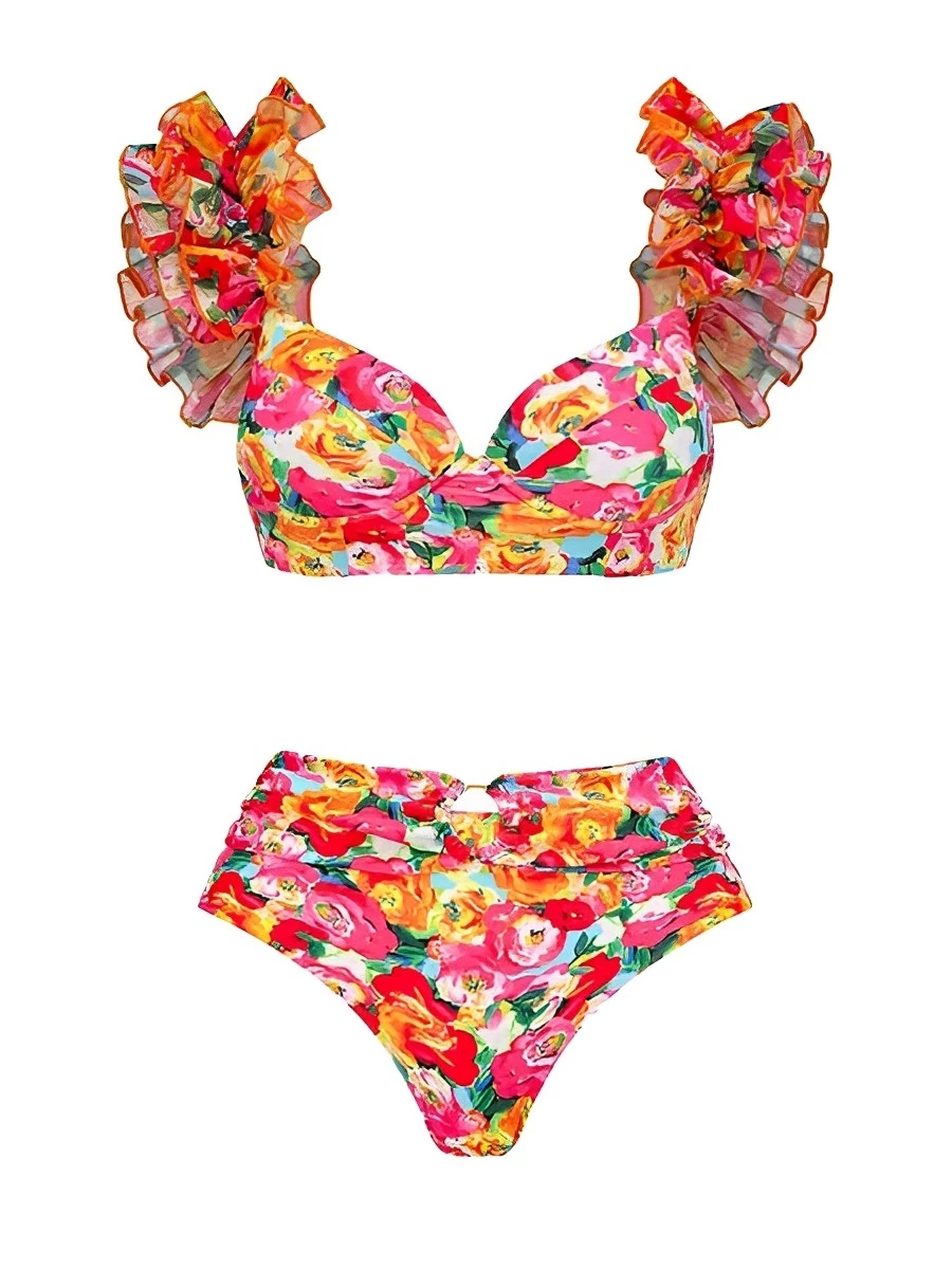 Biquíni feminino babado floral de cintura alta, maiô sexy, moda praia feminina, roupa de banho, banhistas, 2022