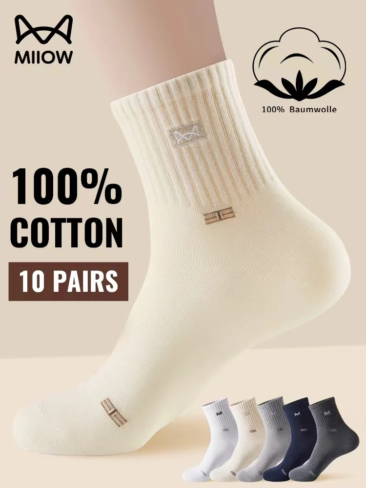 MiiOW 100% Pure Cotton Socks Men Business Dress Long Sock Black White Breathable Sport Sock Antibacterial Anti Odor Crew Socks