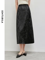 SENTUBILA Jacquard Satin Skirt for Women 2024 Autumn A-line Elegant Pearl Stone Pendant Chinese Style Black Long Skirt 143Q56503