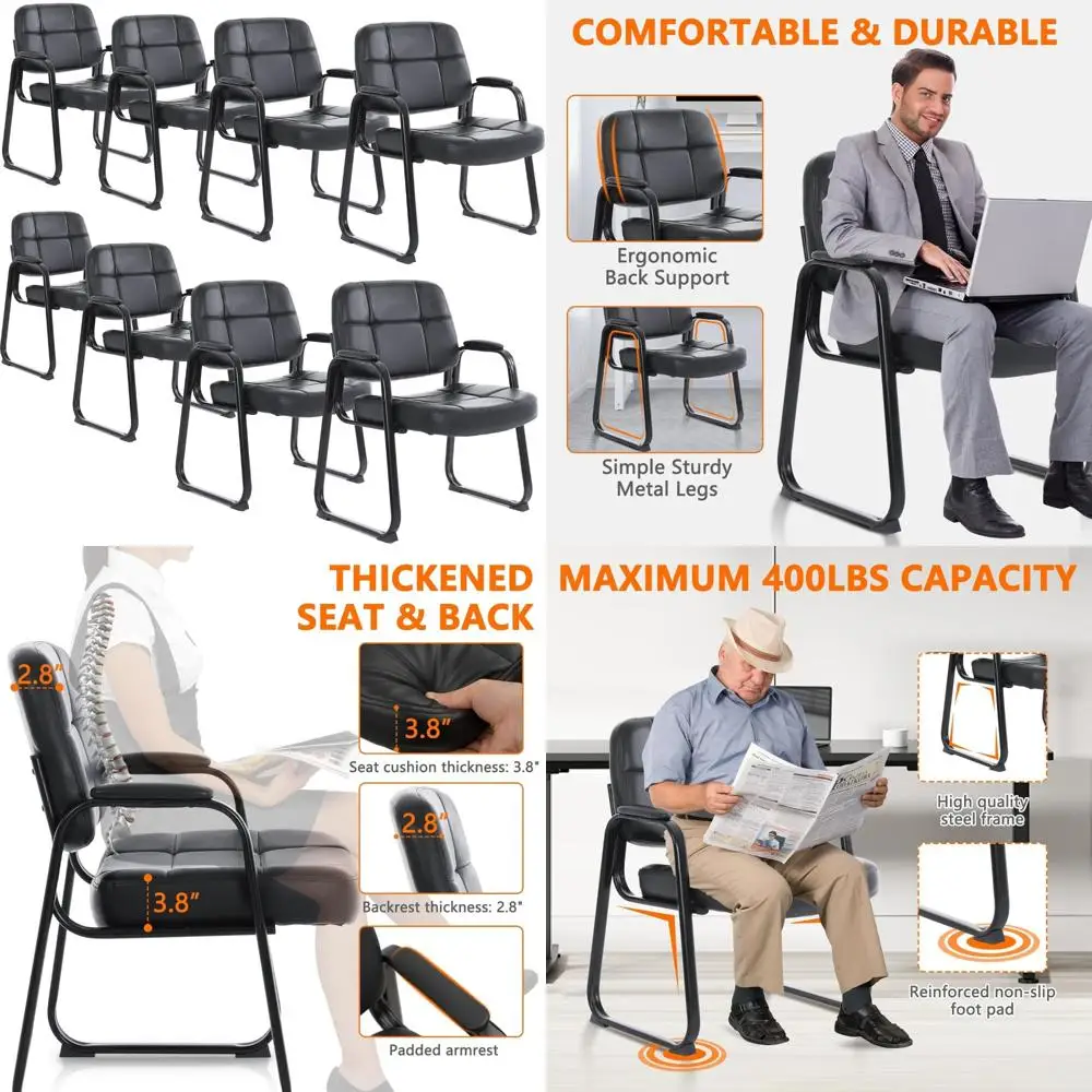 كراسي جلدية منجدة شديدة التحمل بسعة 400 رطل، مساند للذراعين مبطنة، مناسبة لغرف انتظار المكتب، ومناطق الاستقبال، #1