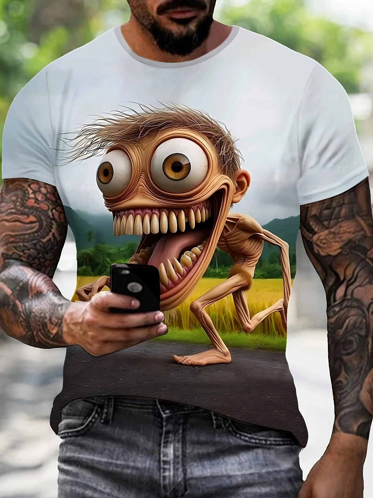 Funny Crazy Old Man Pouring Coffee Graphic T‑Shirt For Men 3D Print Crew Neck Short Sleeve Casual Streetwear Summer Tops