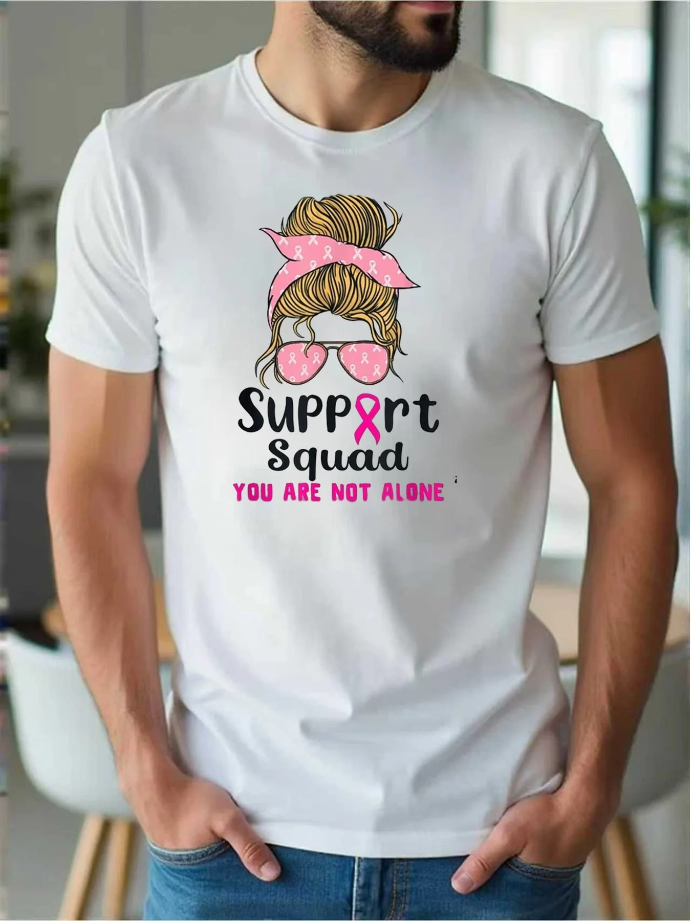 Breast Cancer Awareness Team Support T-Shirt for Sisters, Casual Short-Sleeve Style, Regular Fit, Suitable for All Seasons, Model 03