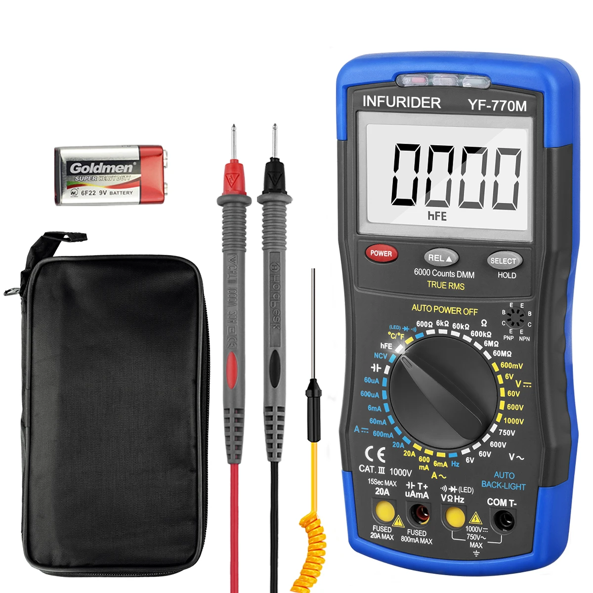 Multimetr cyfrowy HoldPeak HP-770M automatyczny zakres detektor RMS AC/DC amperomierz woltomierz Ohm NCV HFE tester próbnik elektroniczny multimetro