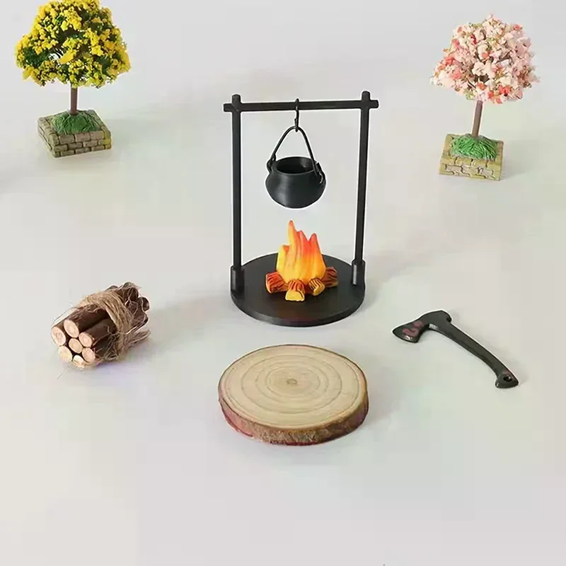 Campfire y tetera en miniatura, decoraciones modernas de escultura en miniatura con temática de fantasía, accesorios para manualidades DIY para el hogar y la cocina
