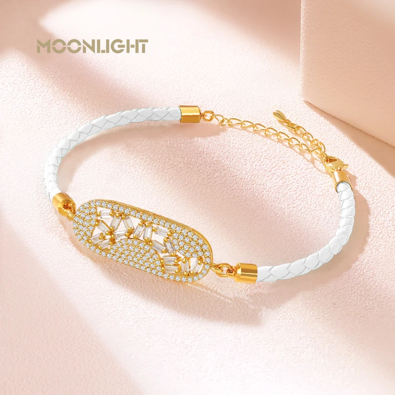 

MOONLIGHT Cubic Zircon Geometric Bracelet For Women High Quality Genuine Braided Leather Bracelet Girls Wrist Jewelry Party Gift