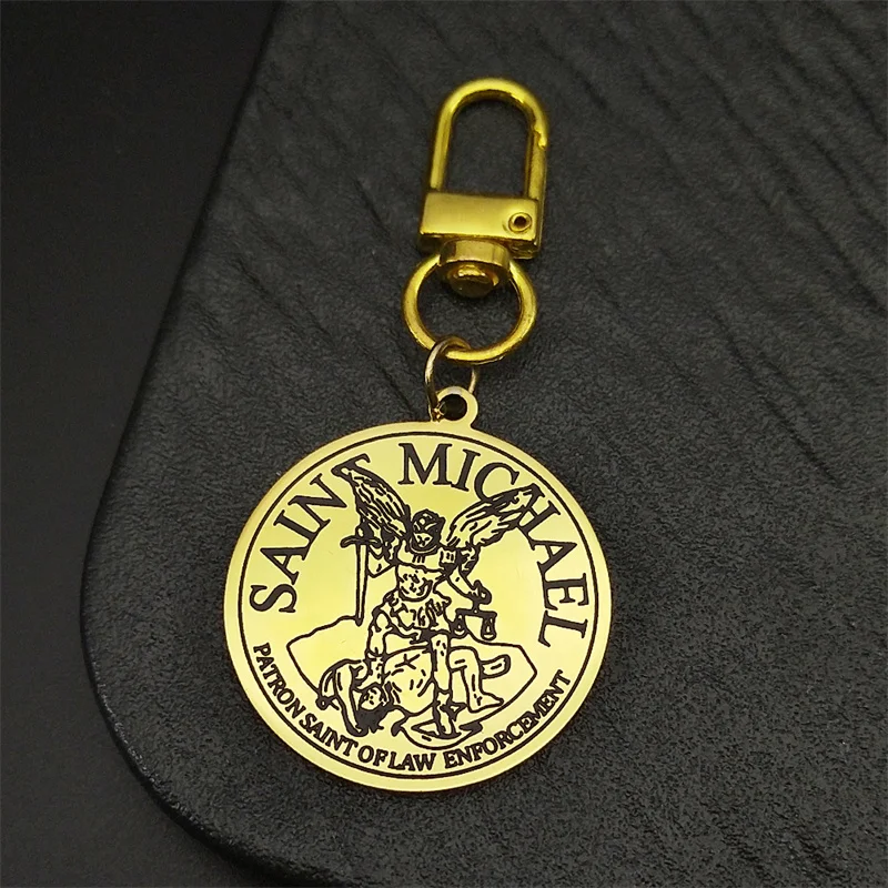 Archangel St.Michael Medal Keyring For Women Men Stainless Steel Patron Saint Of Law Enporcement Keychain Protection Jewelry