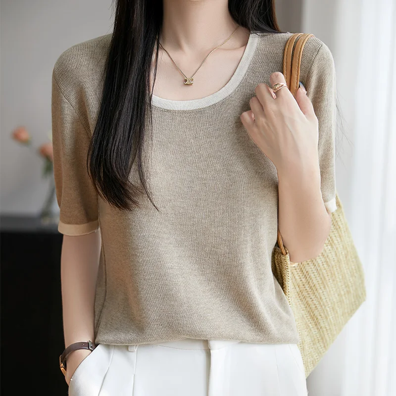 

Summer new T-shirt women's casual knitted wool short sleeved color blocked O-neck fashionable soft top loose high-end pullover