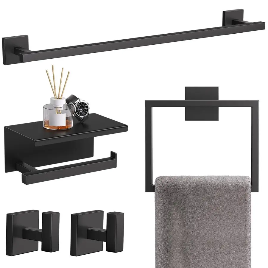 

5Pieces Matte Black Bathroom Hardware Accessories Set 23.6 SUS304 Stainless Steel Towel Bar Set Wall Mounted Square Toilet Pape