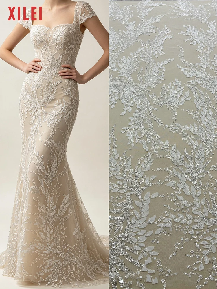 

XILEI #21 Luxury Lace Fabric Sequin Beads Embroidery Wedding Evening Dress Fashion Clothing Fabrics Speical Design