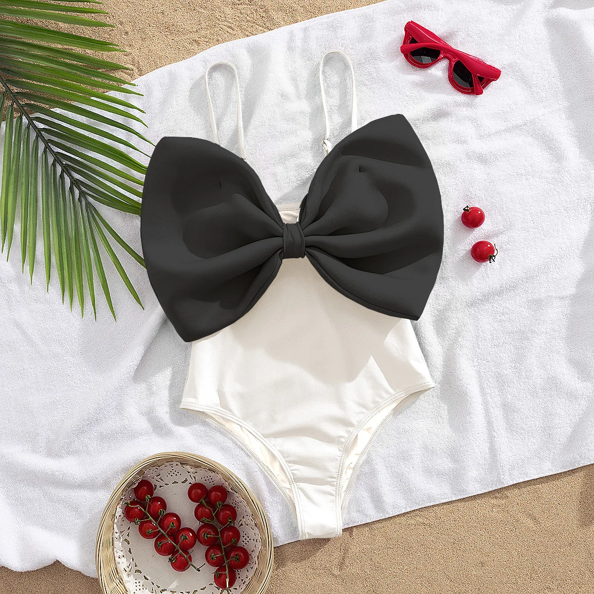 ヴィンテージ風フロントビッグボウ水着 レディース 2025 ホワイトブラック コントラスト お腹シェイプ ワンピース水着 ホリデー水着 モノキニ