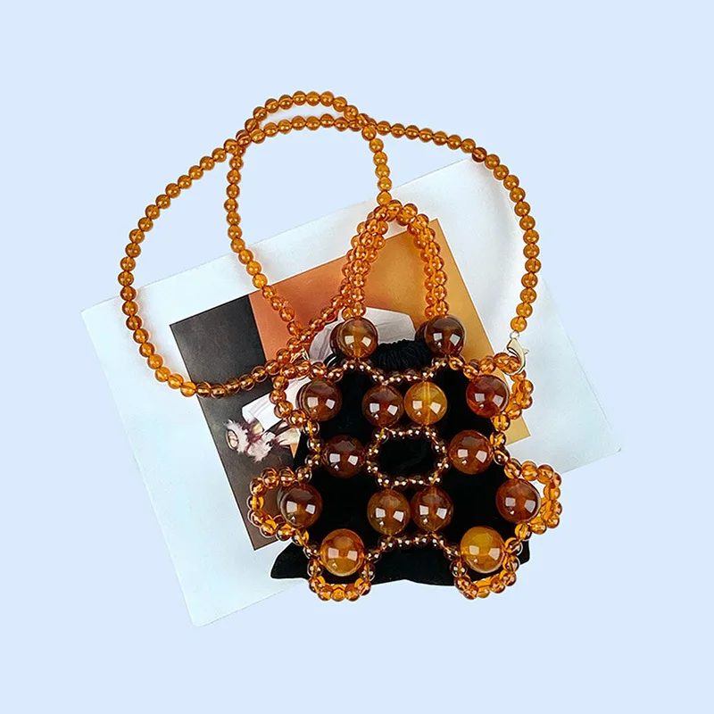 New Hollow Out Vintage Tortoiseshell Beaded Handbag Luxury Design pochette con coulisse in acrilico da donna Mini borsa a tracolla