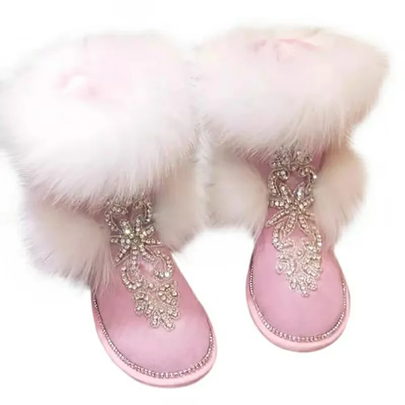 Fox hair boots Handmade custom winter rhine-diamond plus fleece warm boots beaded fur boots women\'s large size 35-44