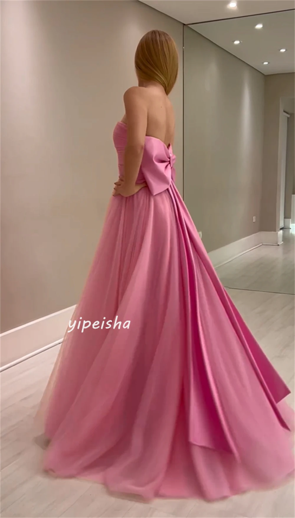 Net Draped Sash Bow Graduation A-line Strapless Bespoke Occasion Gown Long Dresses