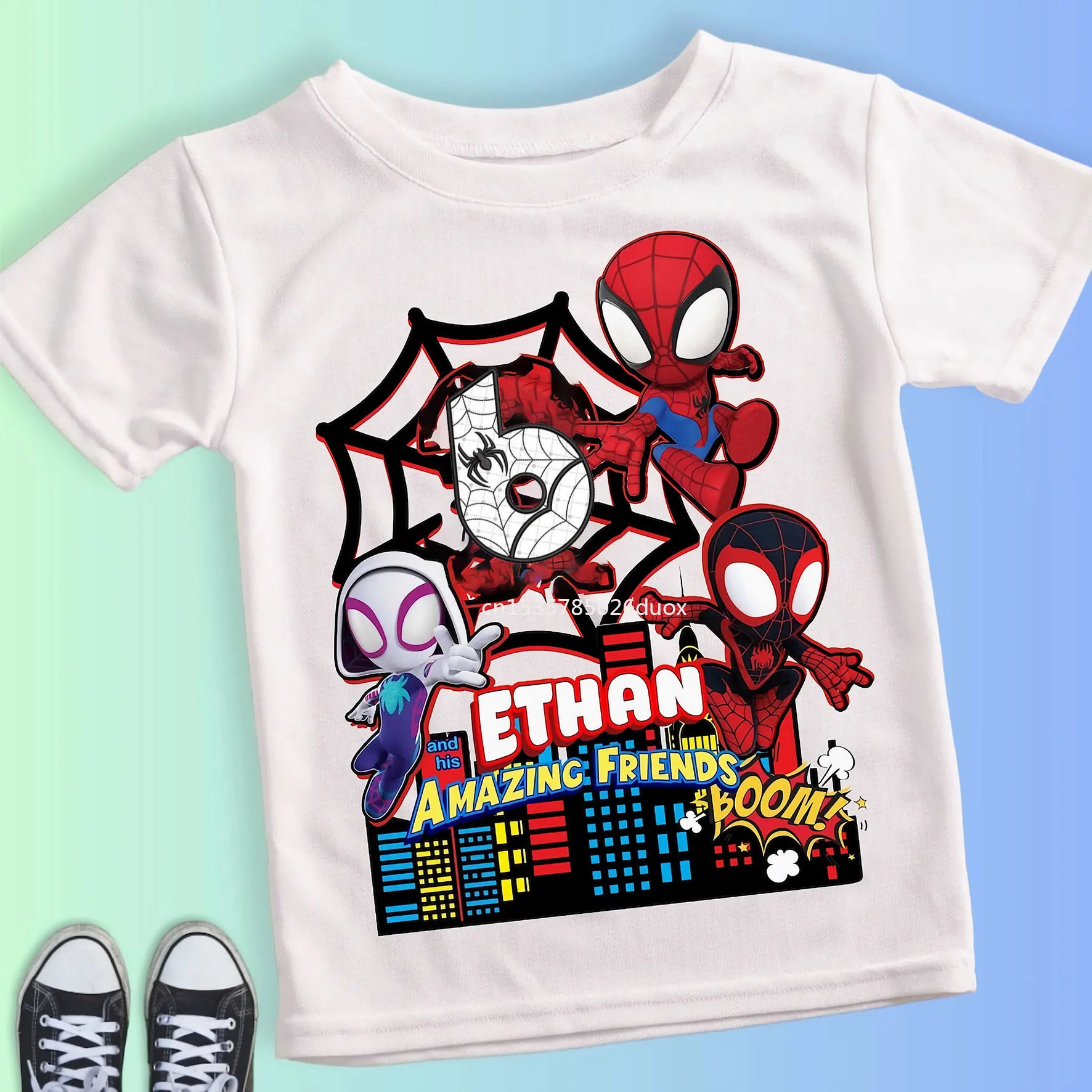 Summer Kid 2 3 4 5 6 7 8 9 Spider Man and His Friends Birthday White Shirt Spider-Man Customized Name Birthday Party Boy T-shirt