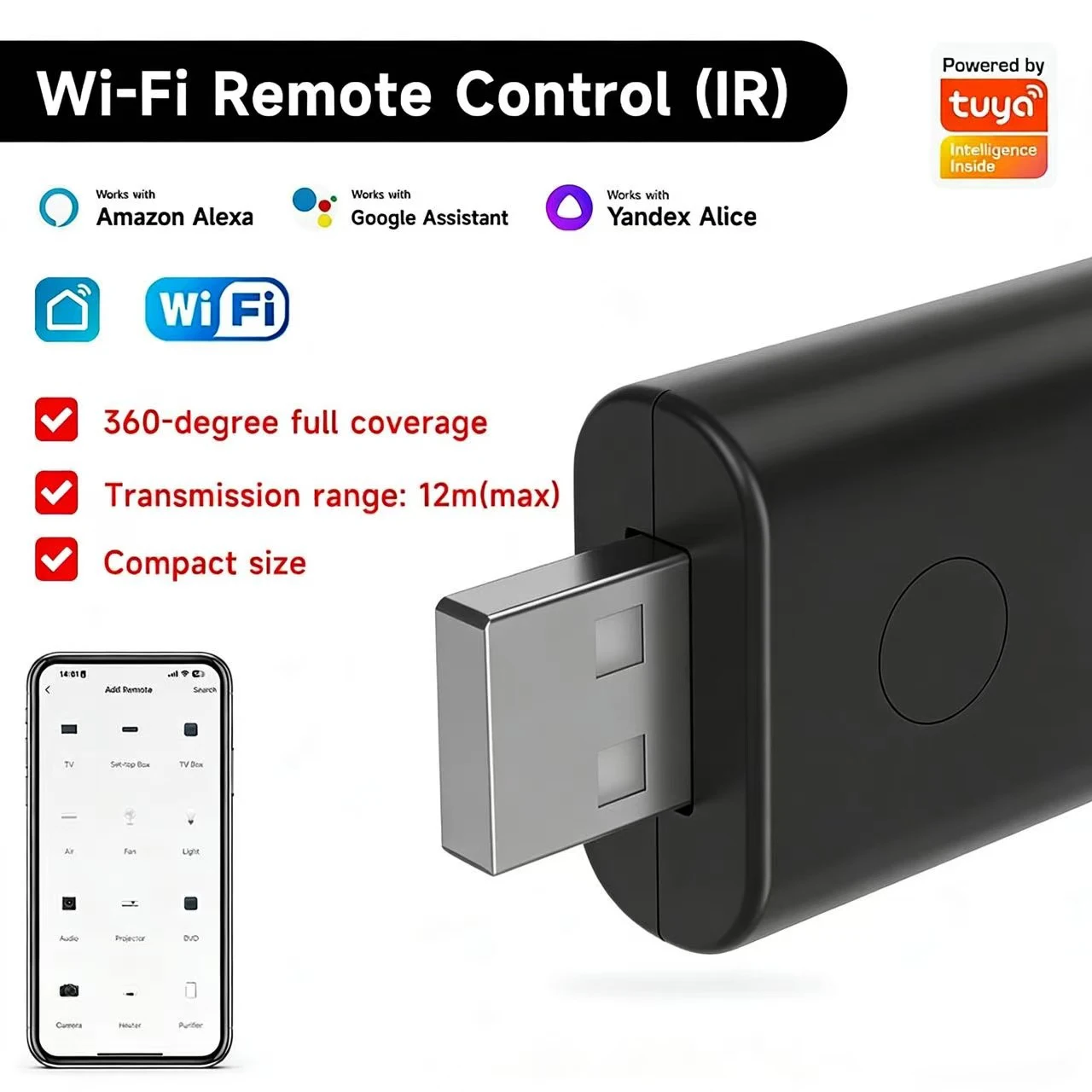 Intelligente WiFi-IR-Fernbedienung, USB-Mini-Universal-Infrarot-Controller, kompatibel mit Alexa, Google Assistant, Tuya Smart Home