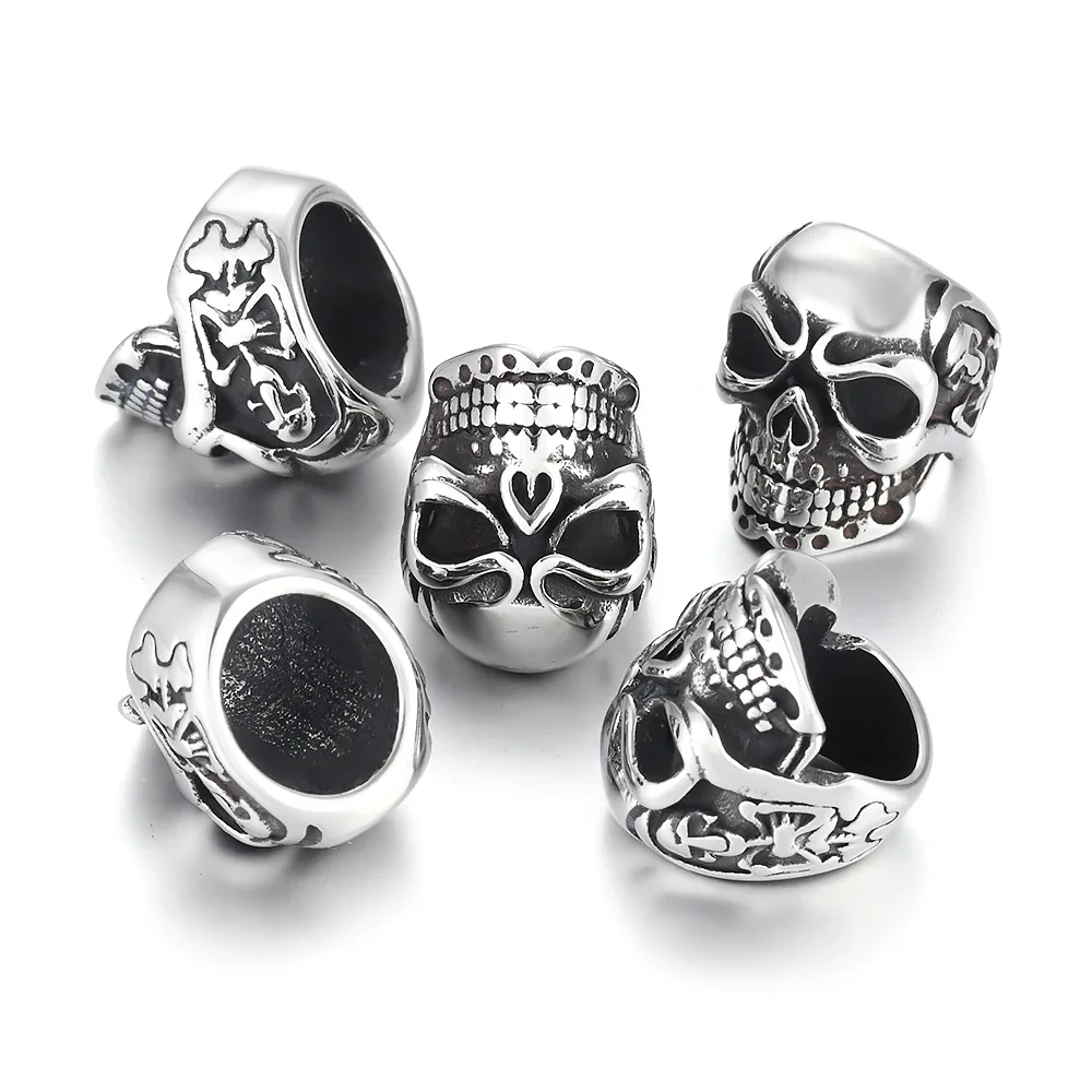 Stainless Steel Skull Beads Metal Spacer Large Hole 8mm Charm Slider DIY Men Bracelet Making Supplies Jewelry Findings
