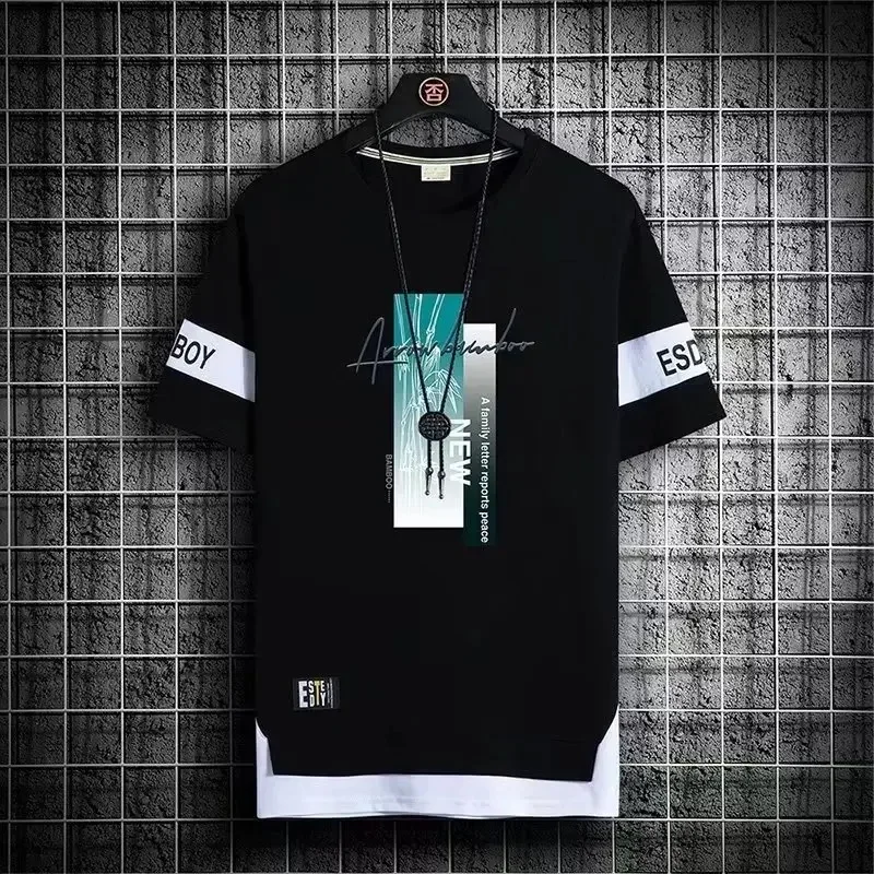 Summer Hot Selling Men's 3D Letter Print Short Sleeve Color Block T-shirt Daily Casual Versatile Tops Trend Men Streetwear Tops